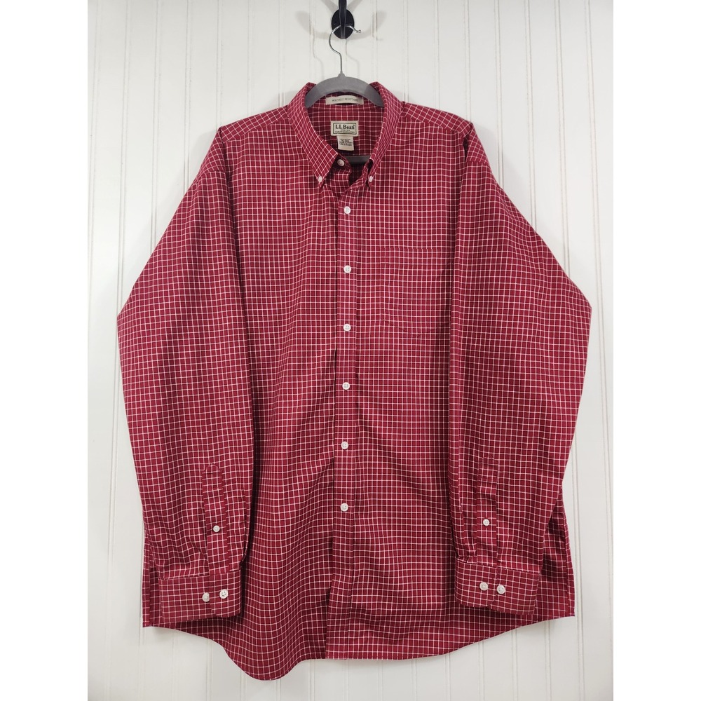 LL Bean Mens XL Red White Grid Check Wrinkle Resistant Cotton Button Down Shirt